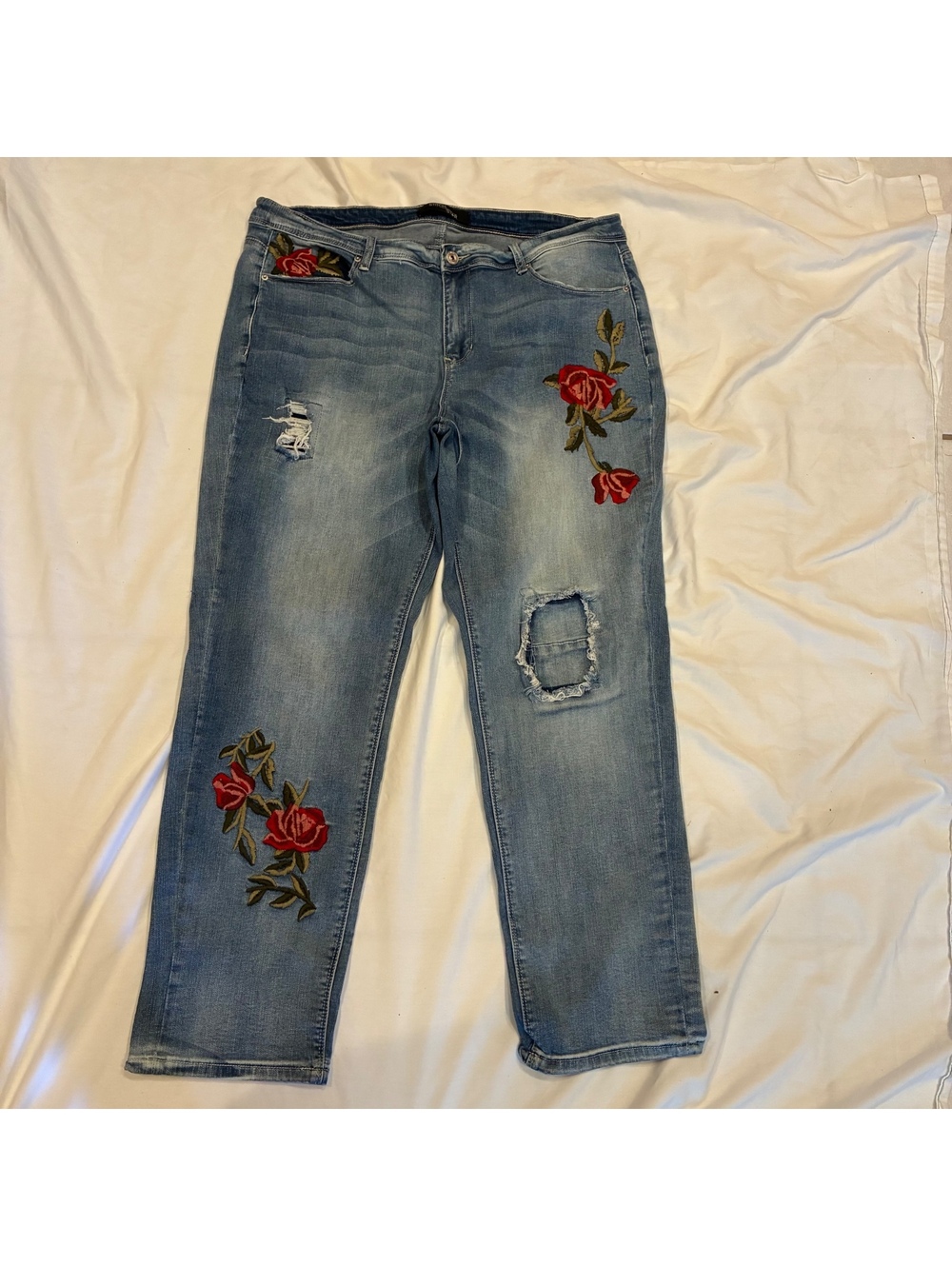 Stitch Star Floral Embroidered Rose Distressed Boho Jeans Stretch Straight Sz16